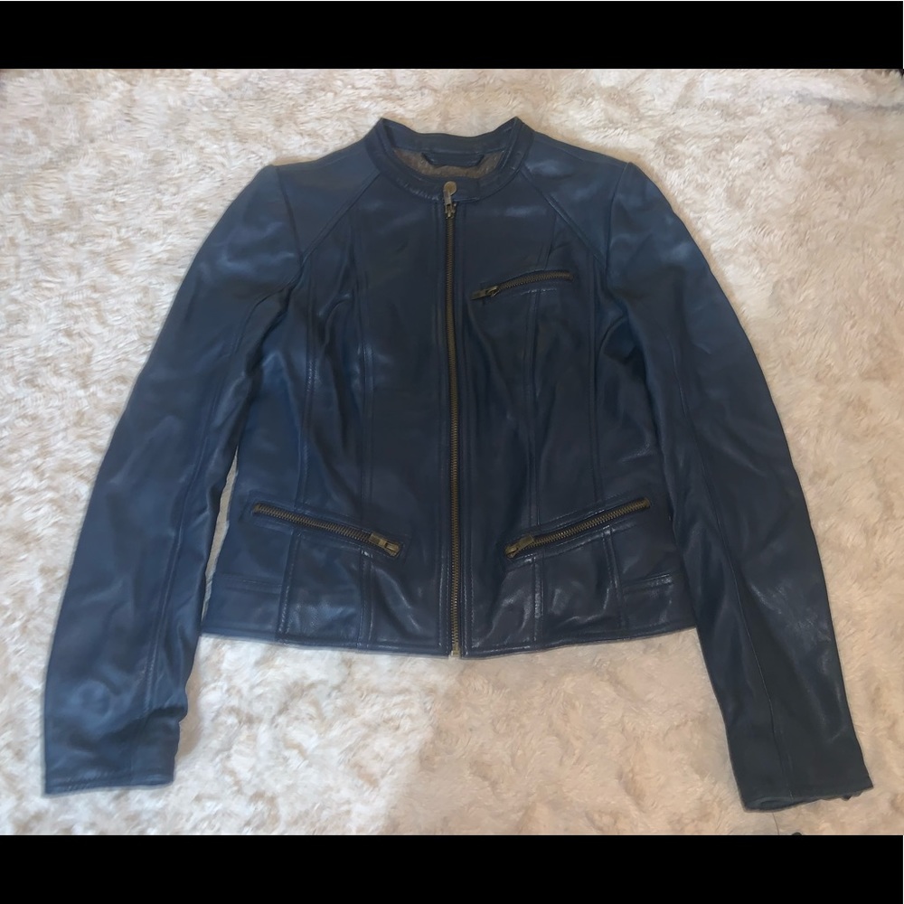 Black Rivet Blue Scuba Neck Leather Jacket